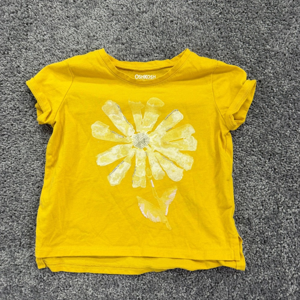 OshKosh B'gosh Graphic Tee Girls 4T Yellow Daisy Flower Short Sleeve Cotton Top